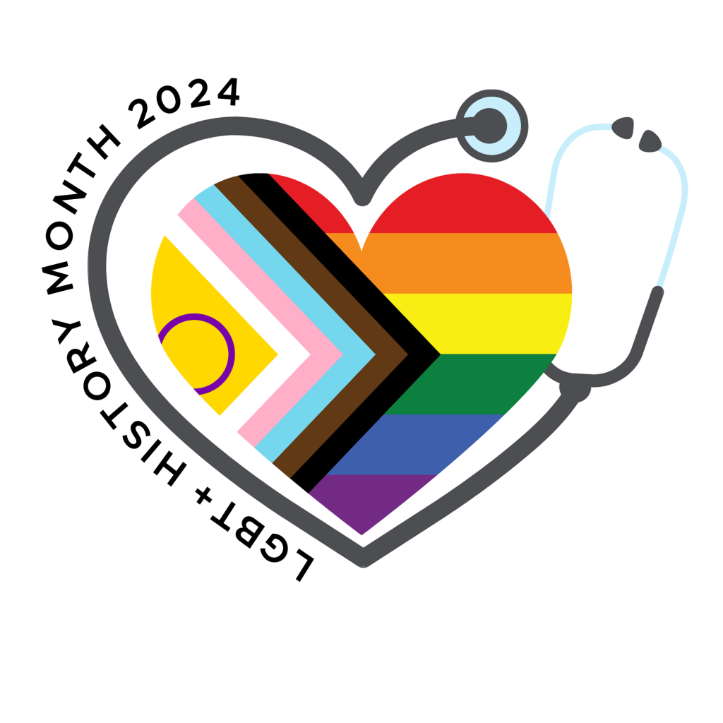 The official LGBT+ History Month 2024 logo: the LGBTQ+ flag in a heart shape, surrounded by a stethoscope.